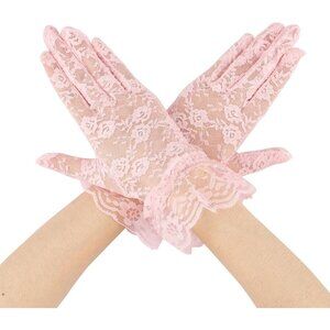 Women Pink Short Tea Wedding Bridal Fashion Opera Halloween Cosplay Lace Gloves